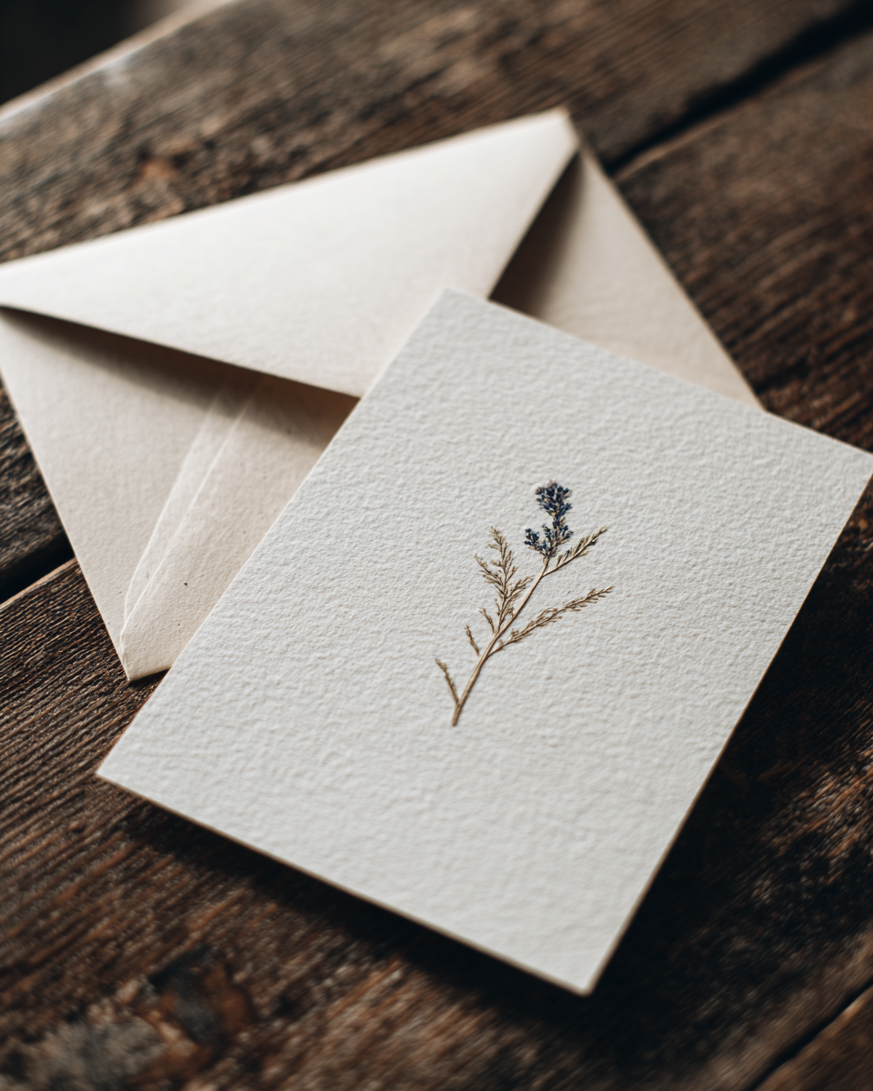 Simple cream-colored card with a small pressed wildflower illustration on a kraft paper envelope