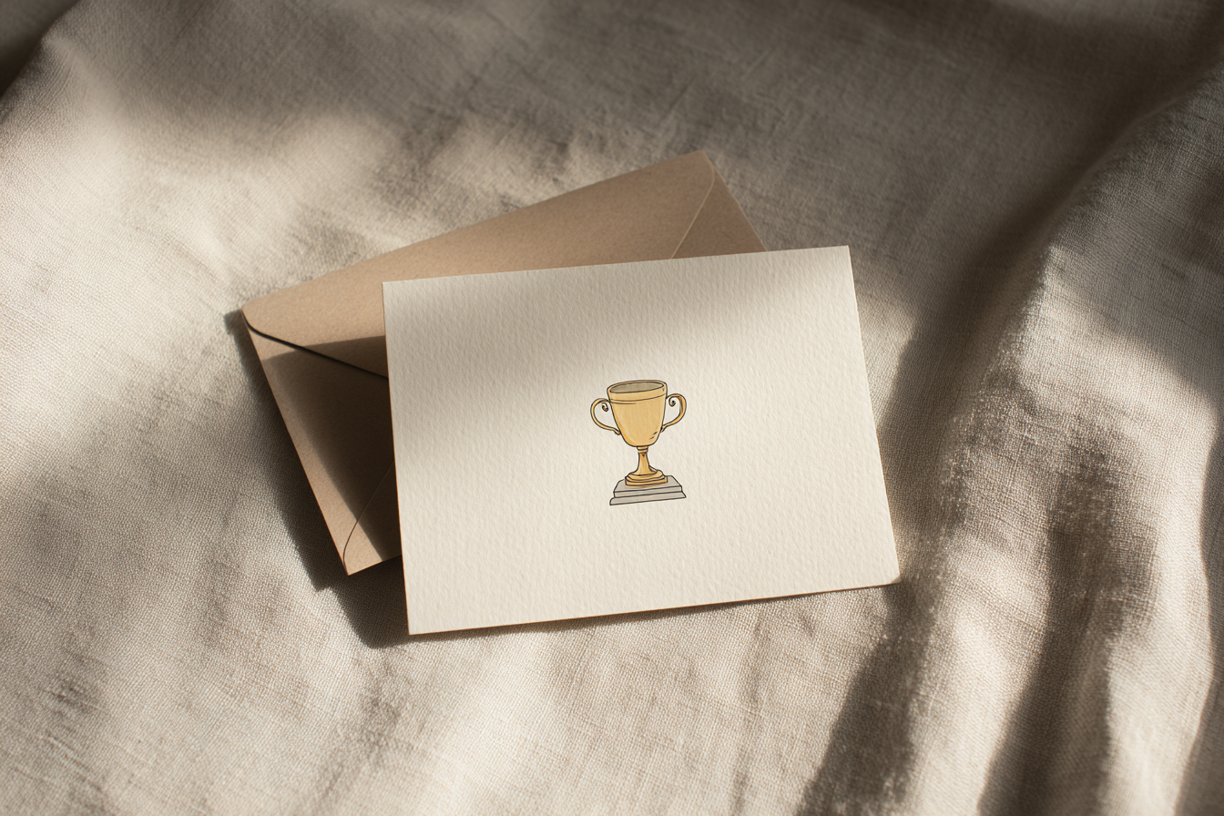 A greeting card lying flat, card front showing a small trophy on a shelf