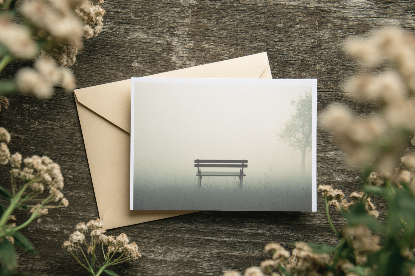 A greeting card lying flat, card front showing an empty park bench in fog