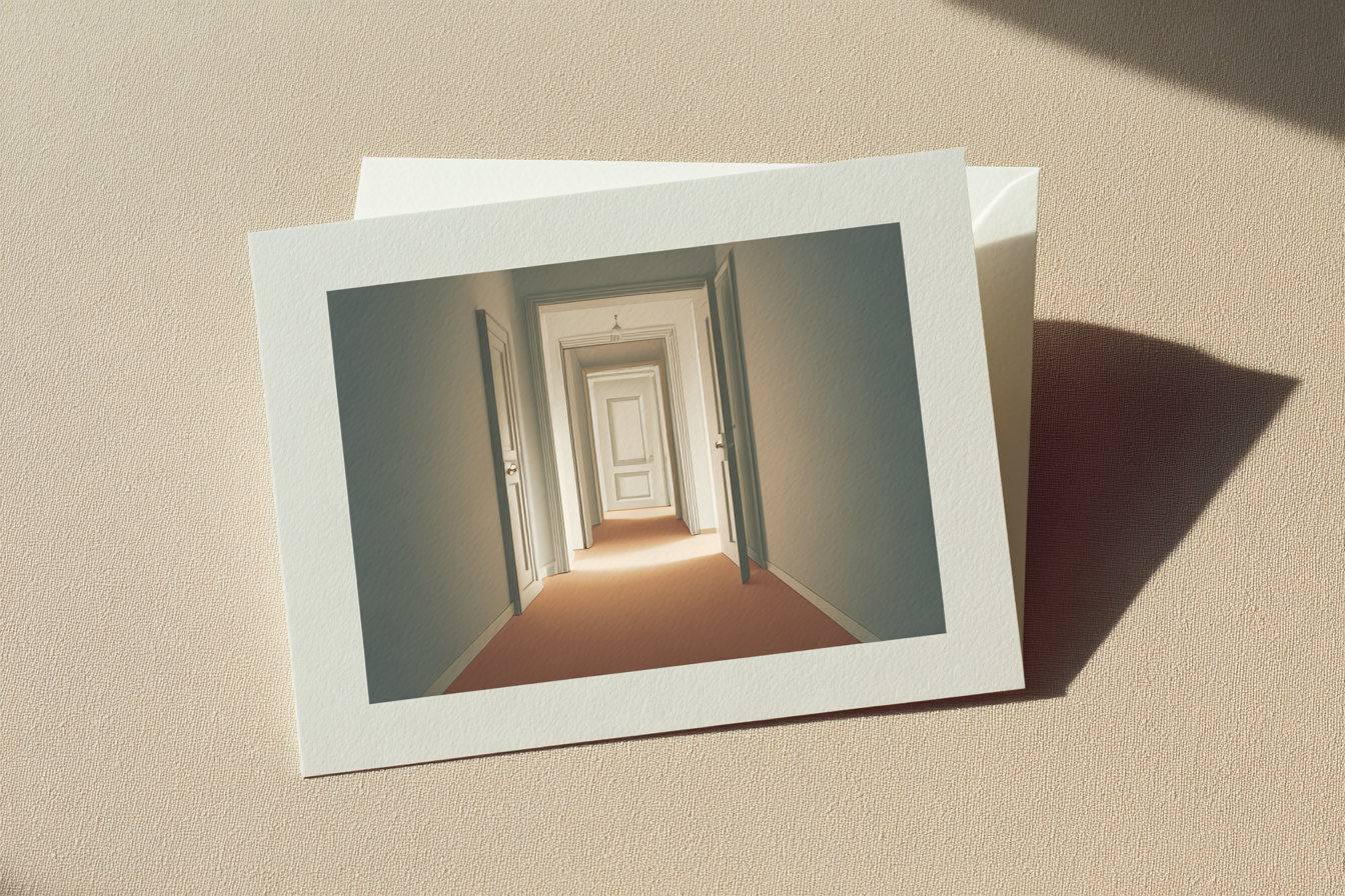 A greeting card lying flat, card front showing a closing door at the end of a hallway