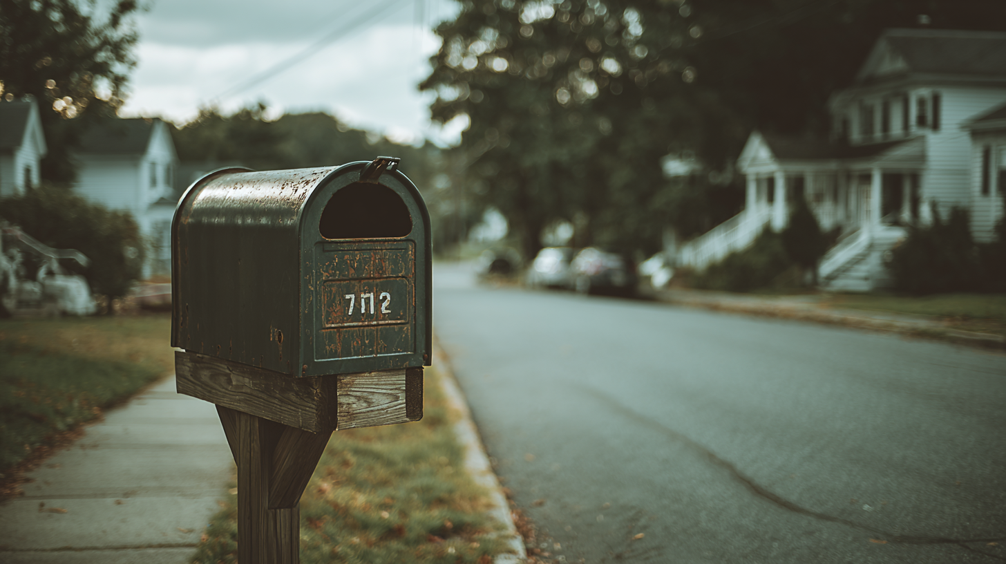 Empty residential mailbox on a quiet street, late afternoon light, muted and melancholy